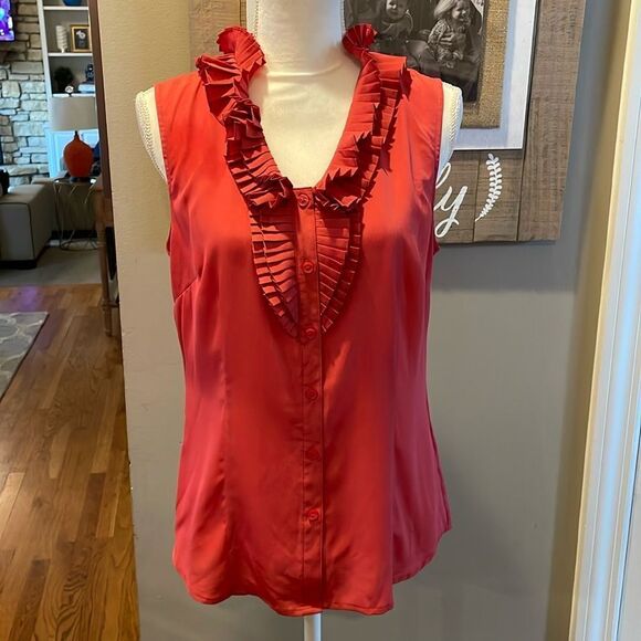 The Limited Coral Red Ruffle Front Sleeveless Button Down Shirt - Picture 1 of 7